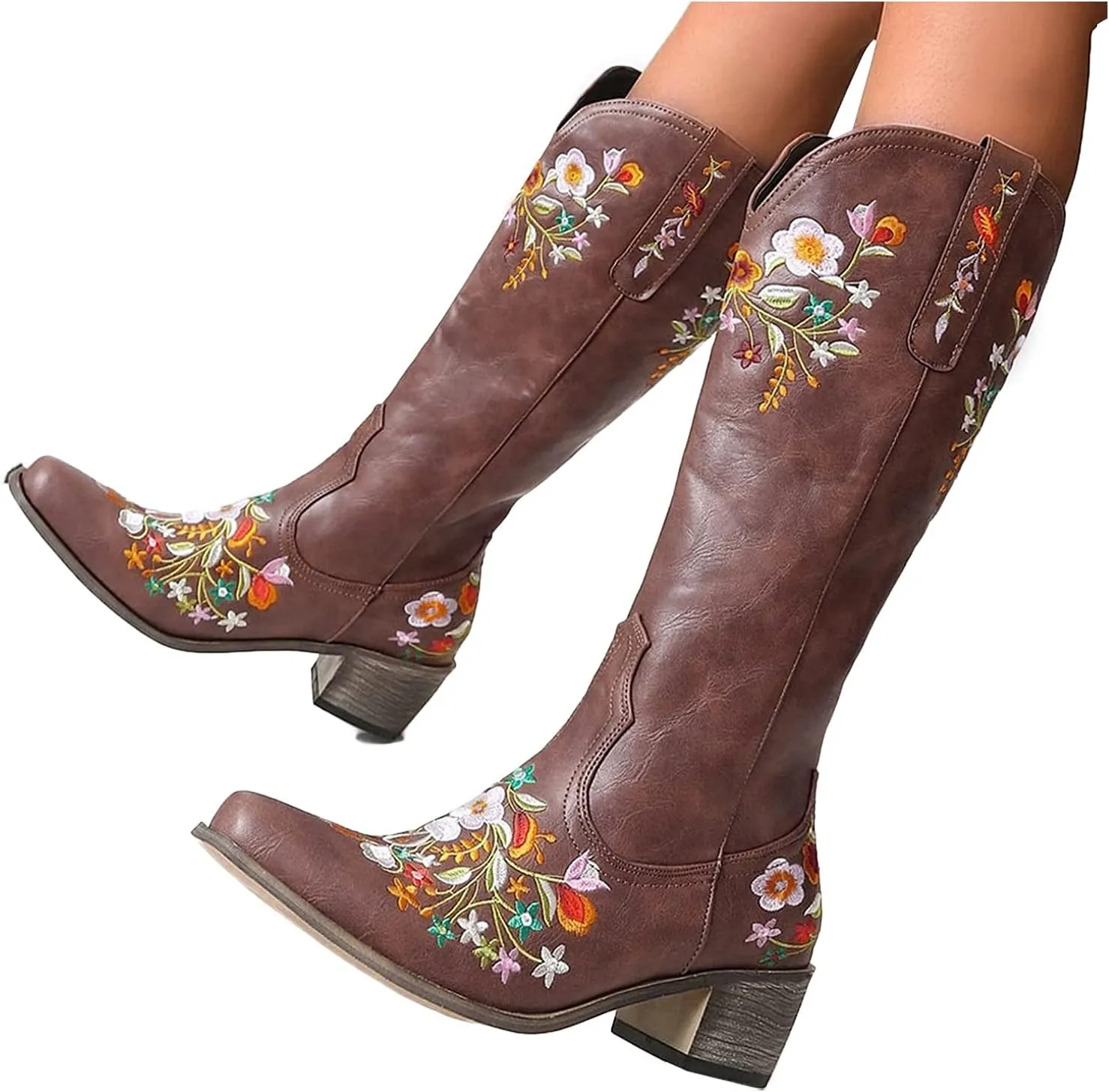 AMDBEL Boots For Women Cowboy Style, Chelsea Boots Women Flower Embroidery Mid Calf Chunky Platform Boots Cowgirls Boots