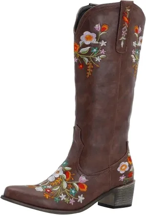AMDBEL Boots For Women Cowboy Style, Chelsea Boots Women Flower Embroidery Mid Calf Chunky Platform Boots Cowgirls Boots