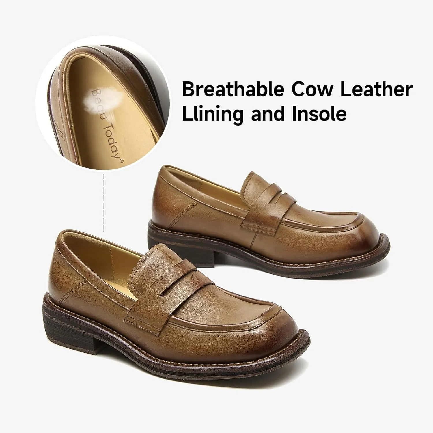 BEAU TODAY Penny Loafers for Women, Womens Slip On Leather Loafers, Chunky Tassel Loafers Square Toe Shoes, Comfortable Dressy Business Casual Non-Slip Office Ladies Shoes