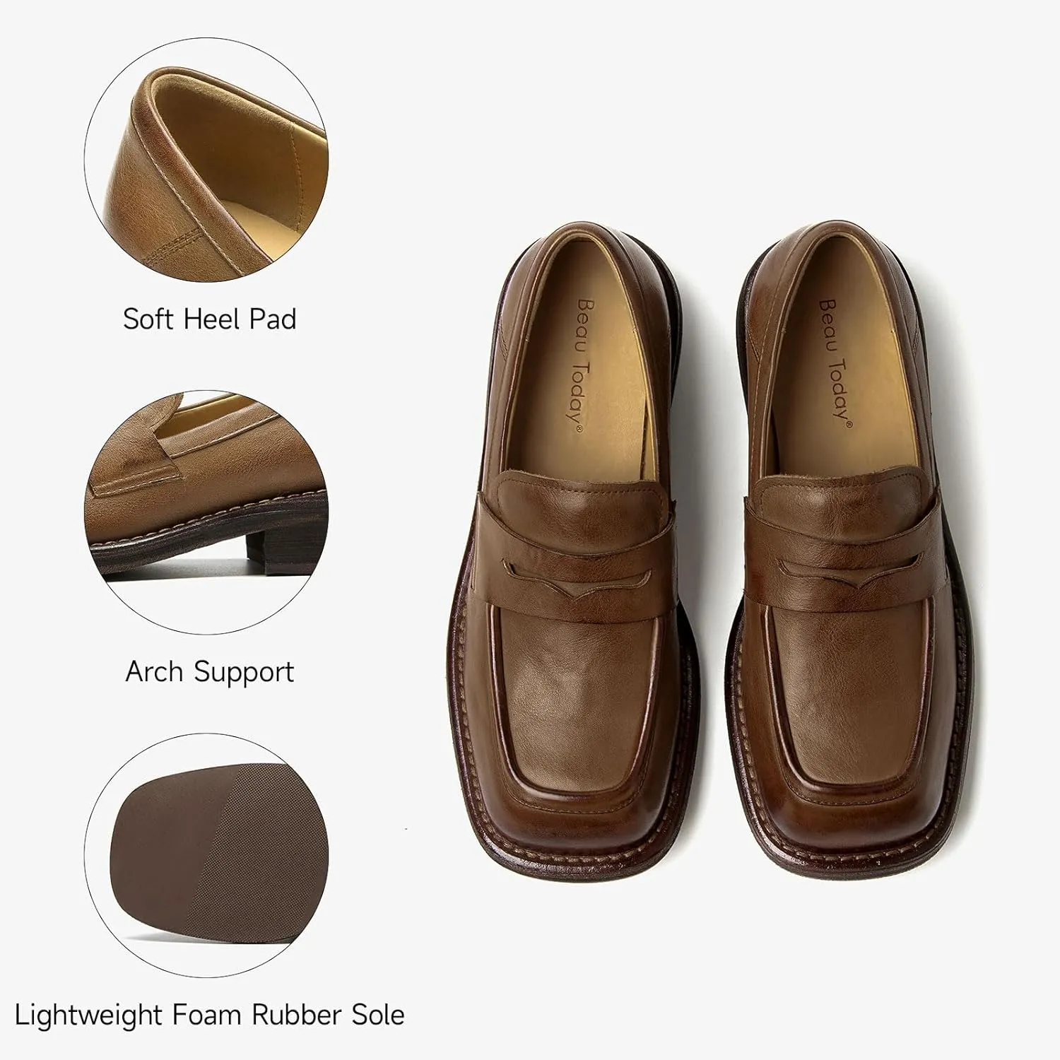 BEAU TODAY Penny Loafers for Women, Womens Slip On Leather Loafers, Chunky Tassel Loafers Square Toe Shoes, Comfortable Dressy Business Casual Non-Slip Office Ladies Shoes