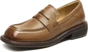 BEAU TODAY Penny Loafers for Women, Womens Slip On Leather Loafers, Chunky Tassel Loafers Square Toe Shoes, Comfortable Dressy Business Casual Non-Slip Office Ladies Shoes