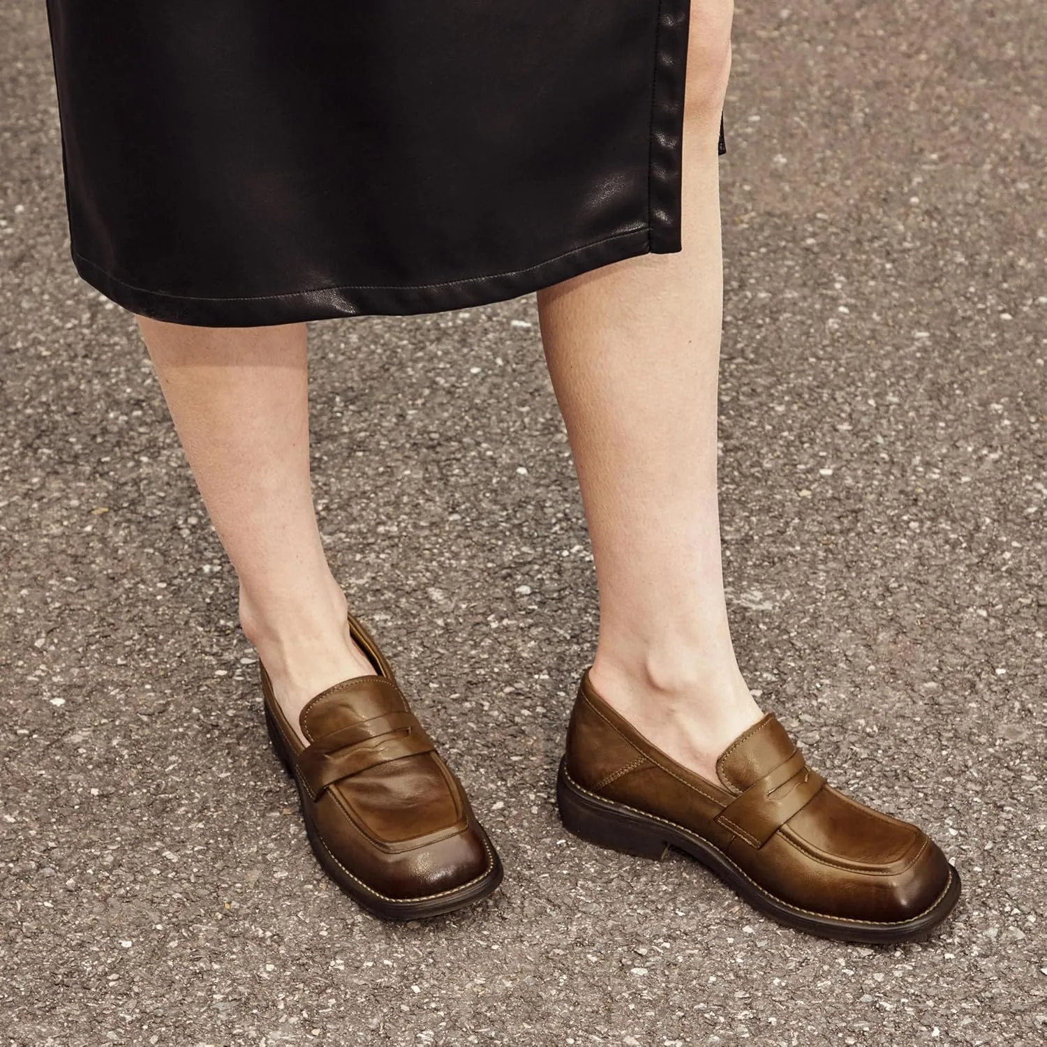 BEAU TODAY Penny Loafers for Women, Womens Slip On Leather Loafers, Chunky Tassel Loafers Square Toe Shoes, Comfortable Dressy Business Casual Non-Slip Office Ladies Shoes