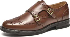 BEAU TODAY Women's Leather Loafers, Monk Strap Womens Oxfords, Comfort Office Business Ladies Casual Shoes, Double Buckles Deign, Brogue Wingtip Slip-on