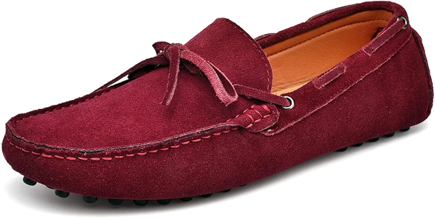 Easy to Put and Remove. Shoes Smoking Loafer for Men Deck Shoes 1-Eye Genuine Leather Stitching Details Suede Vamp Flexible Anti-Slip Flat Heel Driving Slip on for All Occasions Wine Red