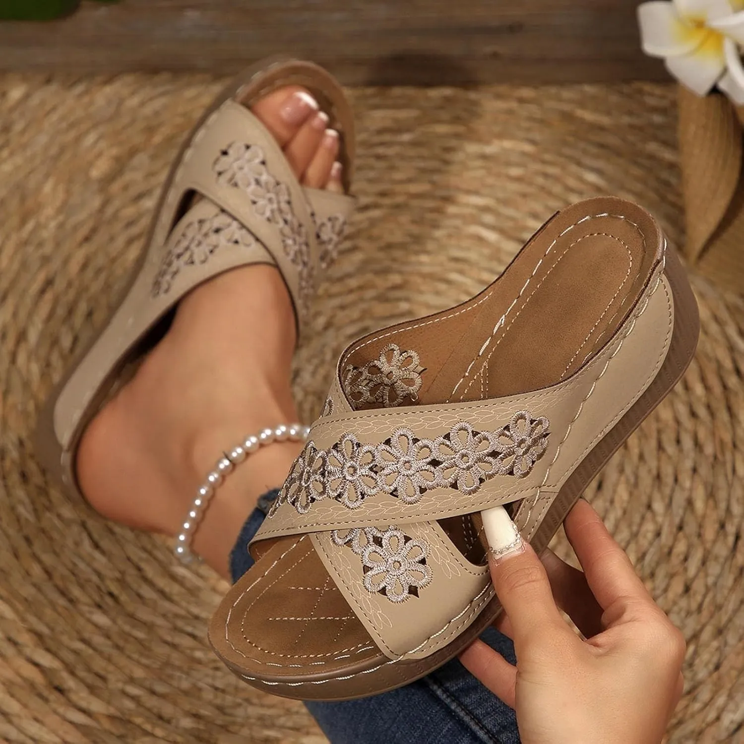 Kubbon Wedge Sandals for Women Dressy Open Toe Crisscross Woven Slip On Sandals Arch Support Walking Platform Sandal Casual Summer Beach Shoes
