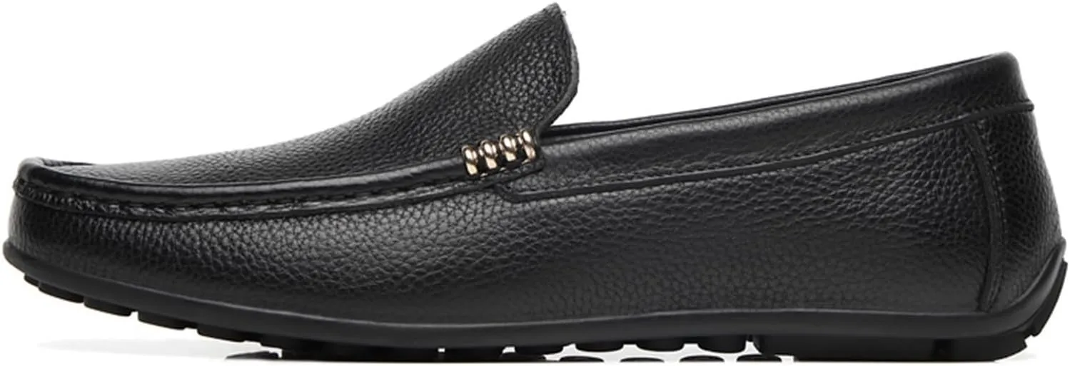 Men's Genuine Leather Loafers with Stitching Details, Round Toe, Lightweight & Slip-Resistant Flat Heel, Classic Wedding & Casual Slip-Ons