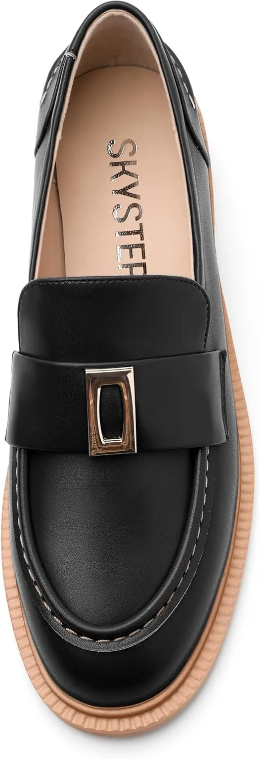 SKYSTERRY Loafers for Women Penny Loafers with Round Toe Low Chunky Block Heels Comfortable Women Loafers Shoes for Work Party Dating Shopping