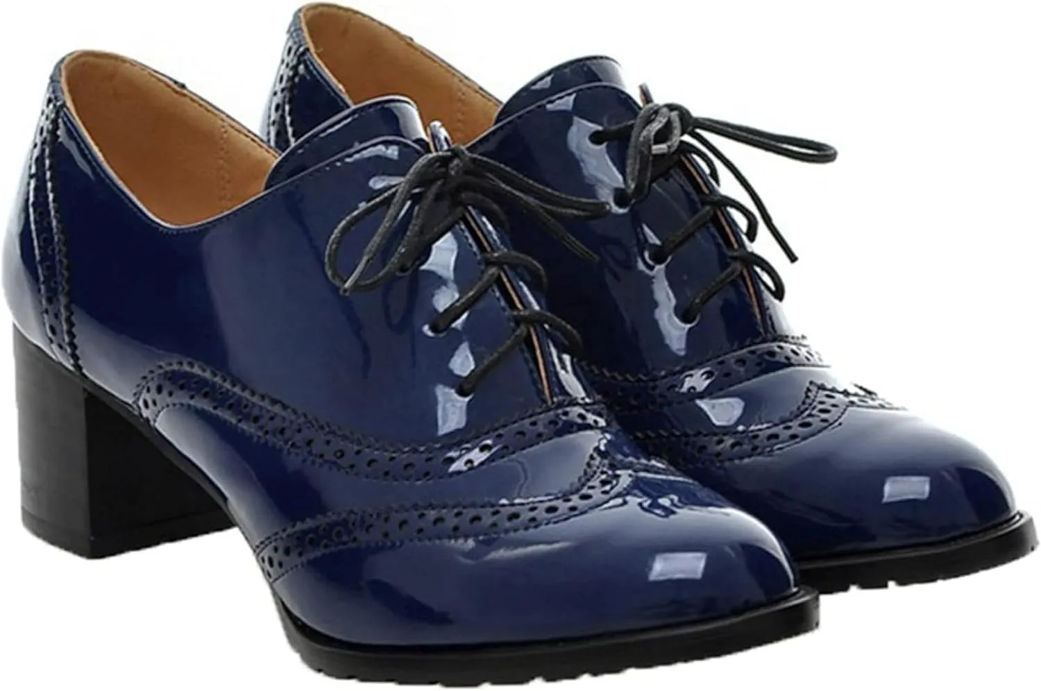 Women's Casual Oxford Shoes Lace up High Heels Patent Leather Round Toe Dress Brogues Women's Office Shoes