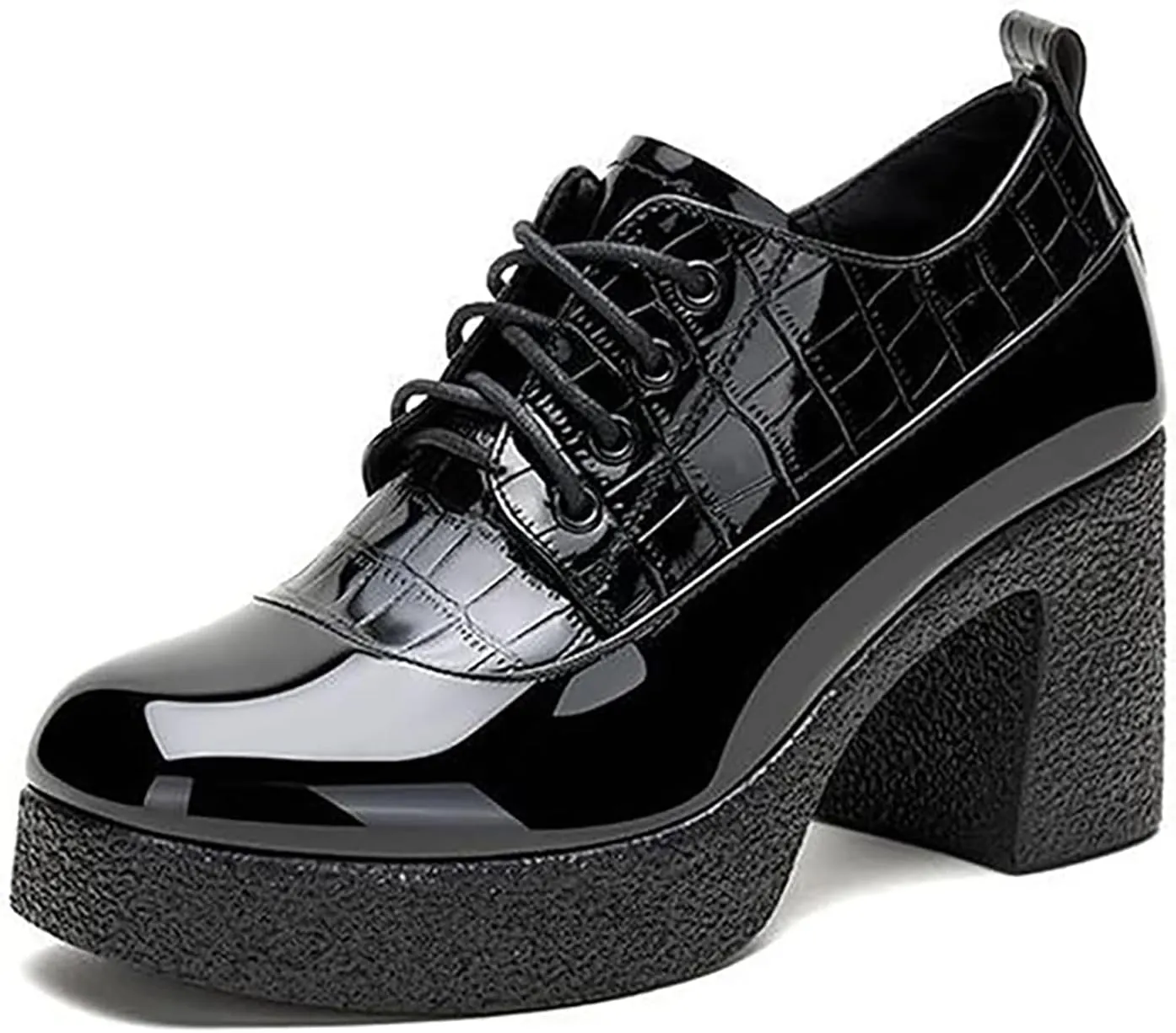 Women's Patent Leather Printed Platform Mid Chunky Heel Oxfords Shoes Fall Winter Fashion Lace-Up Comfortable Block Heel Dress Pump Shoes for Work