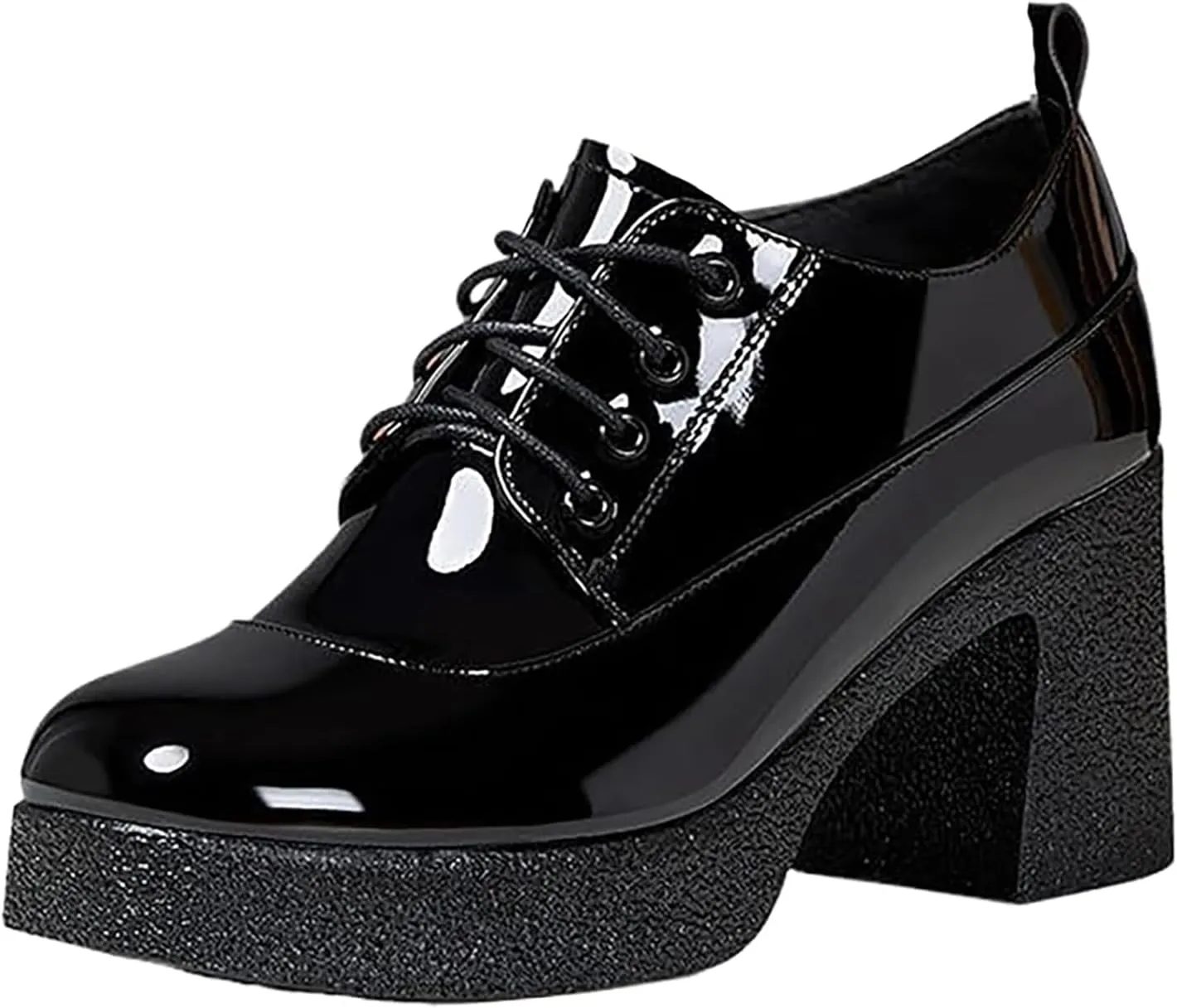 Women's Patent Leather Printed Platform Mid Chunky Heel Oxfords Shoes Fall Winter Fashion Lace-Up Comfortable Block Heel Dress Pump Shoes for Work
